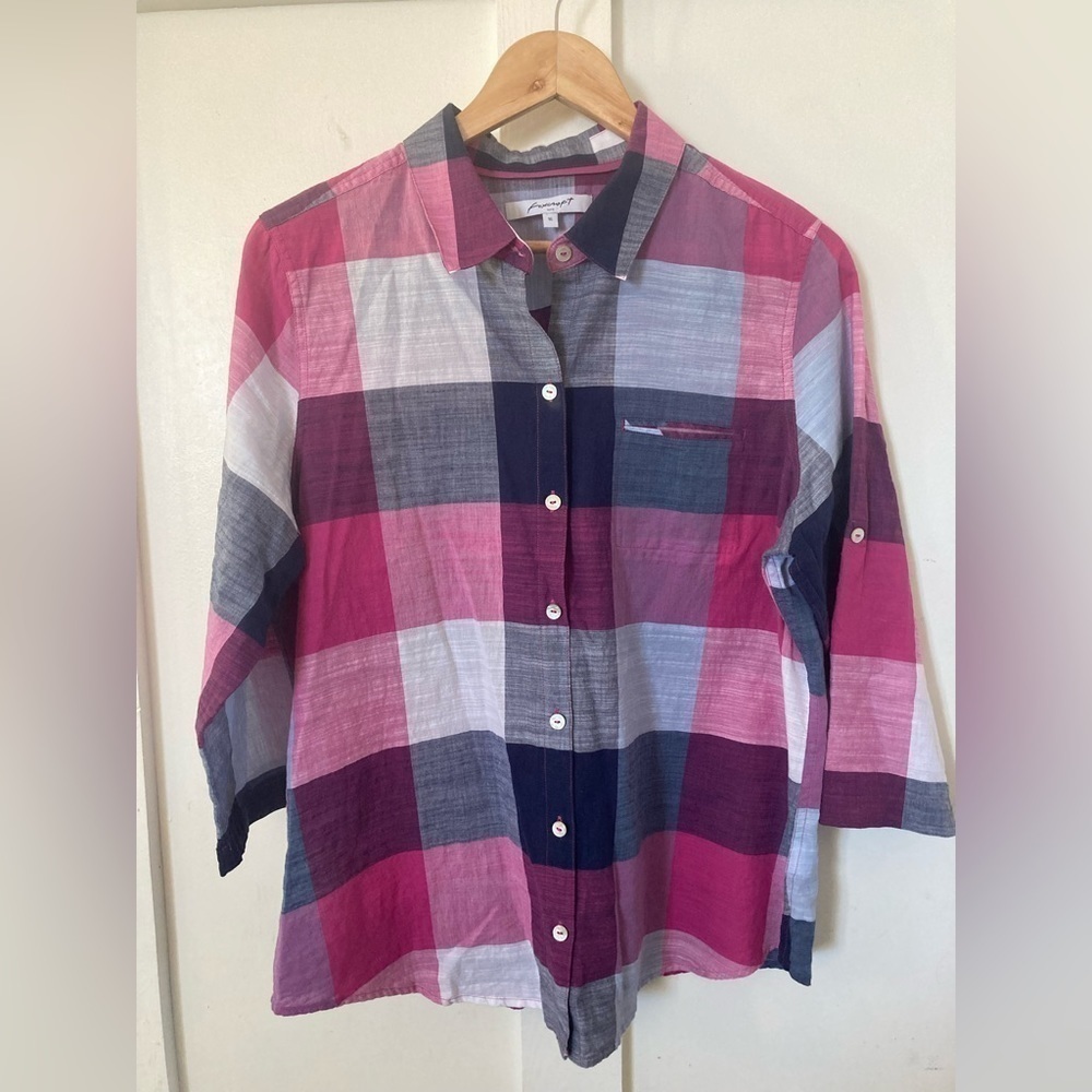 Foxcroft button down shirt bold plaid roll tab sleeve size 16